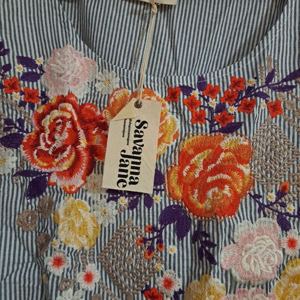Savanna Jane Embroidered Blouse Top Floral Pinstriped Boho Womens 3X - Picture 5 of 6